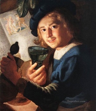 ジェラルド・ファン・ホンホルスト Painting - キャンドルに照らされた夜の若い酒飲み ジェラルド・ファン・ホンホルスト